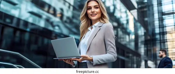 Businesswoman Holding Laptop Smiling In Modern City