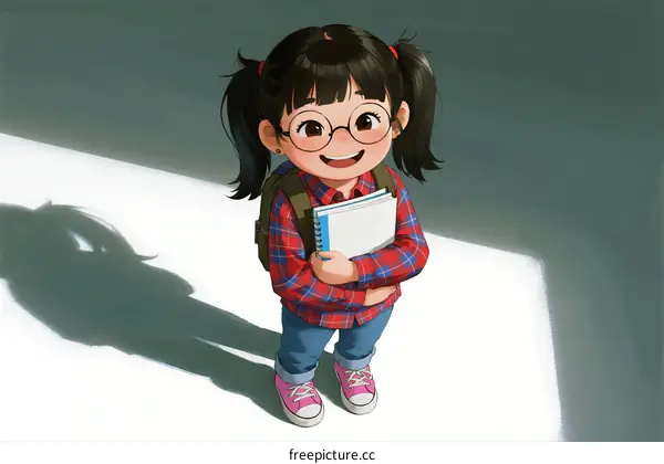 A cheerful young girl with glasses holding notebooks