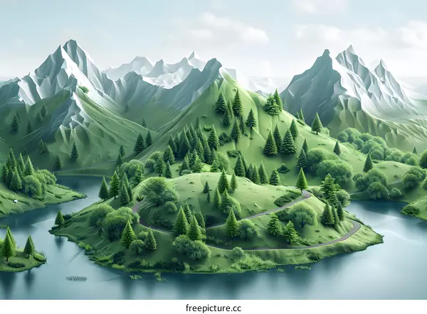 Green rolling hills and mountains in lake