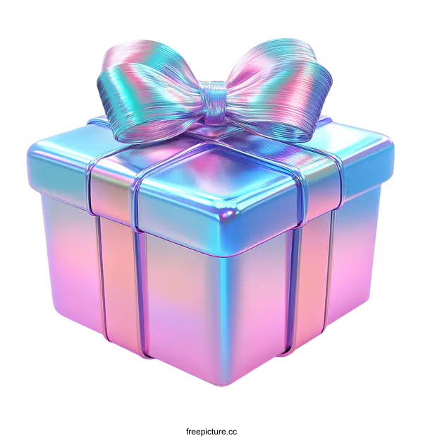 [Transparent Background PNG]Holographic Gift Box with Ribbon Bow