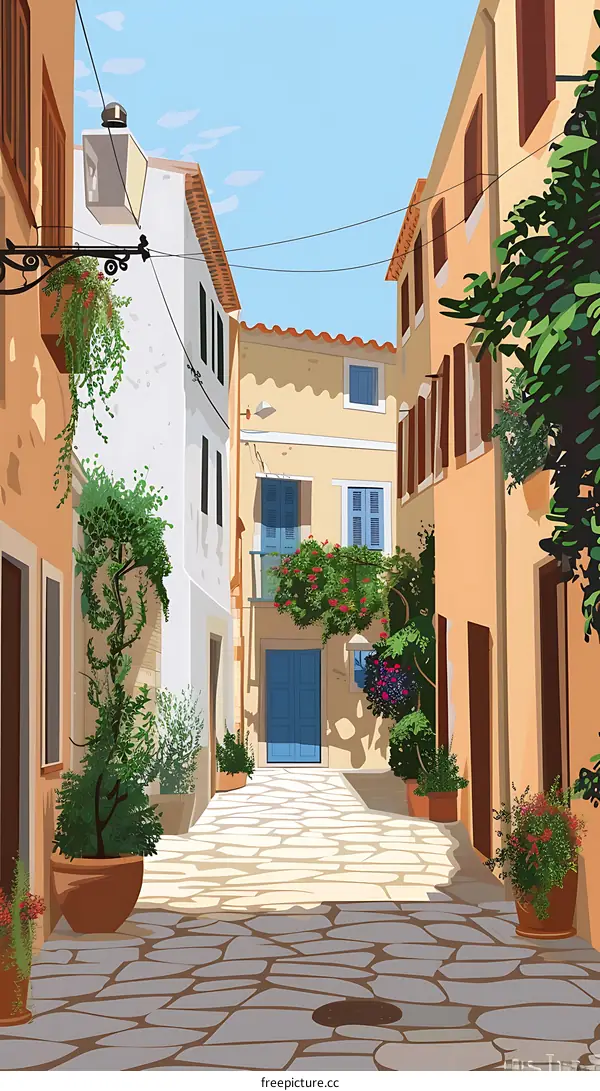 Cobblestone Alleyway in a Mediterranean Village