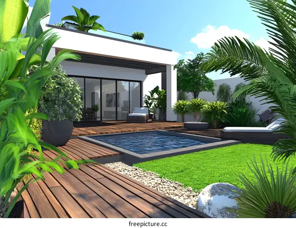 Modern Tropical Backyard with Pool and Deck