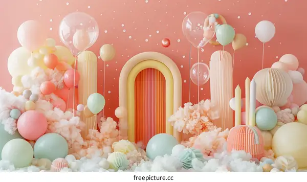pastel color balloons and clouds 3d illustration