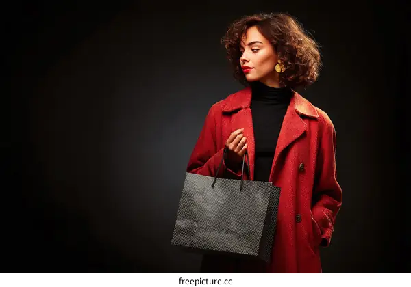 Woman in Red Coat Holding Shopping Bags