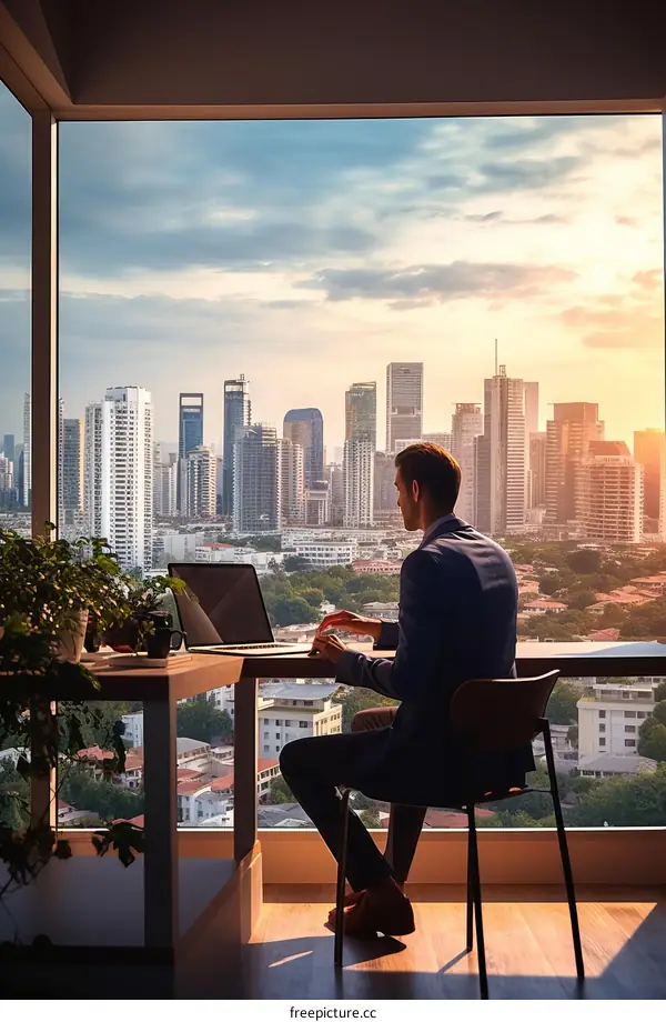 Businessman working on laptop in modern office with floor to ceiling windows overlooking cityscape