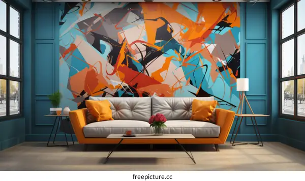 Blue and orange abstract painting in living room interior