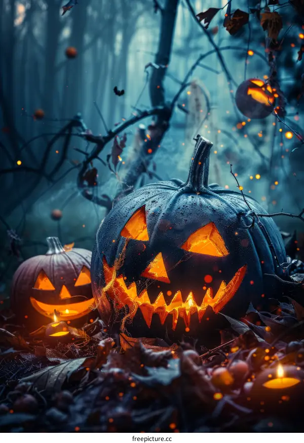 Two jack-o'-lanterns in a spooky forest