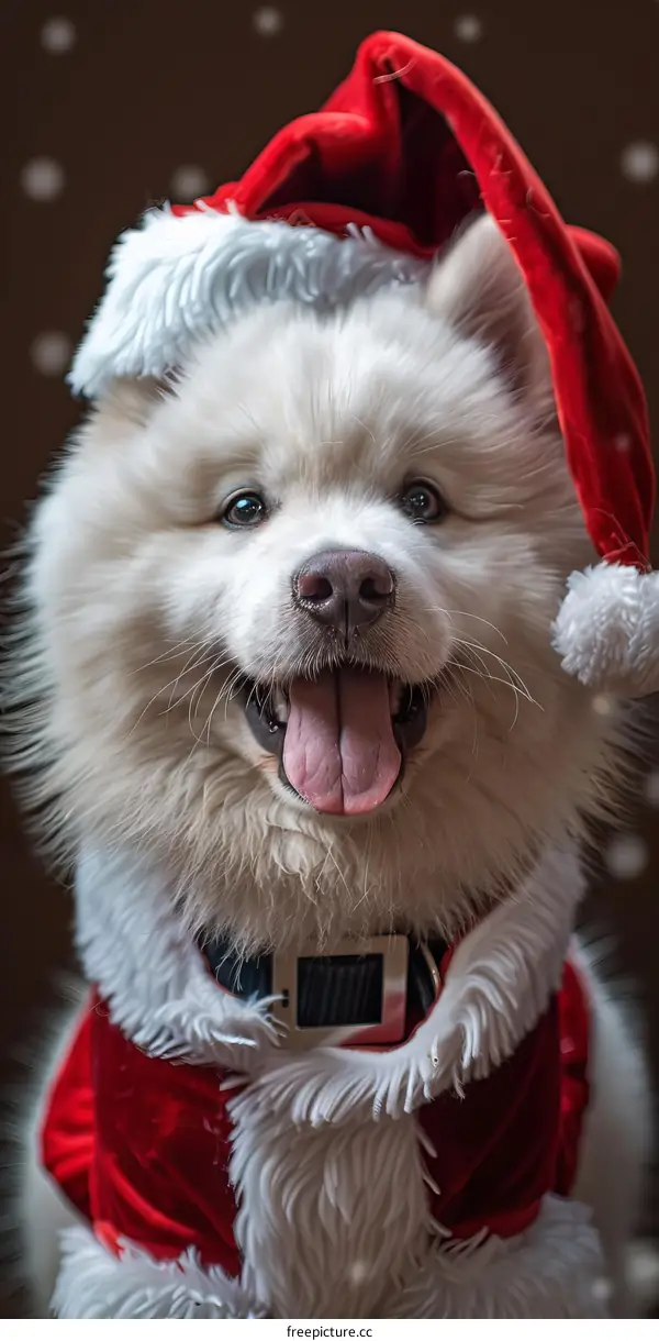 A happy dog wearing a Santa hat