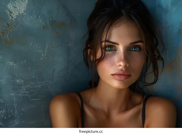 Portrait of a young woman with deep blue eyes and freckles.