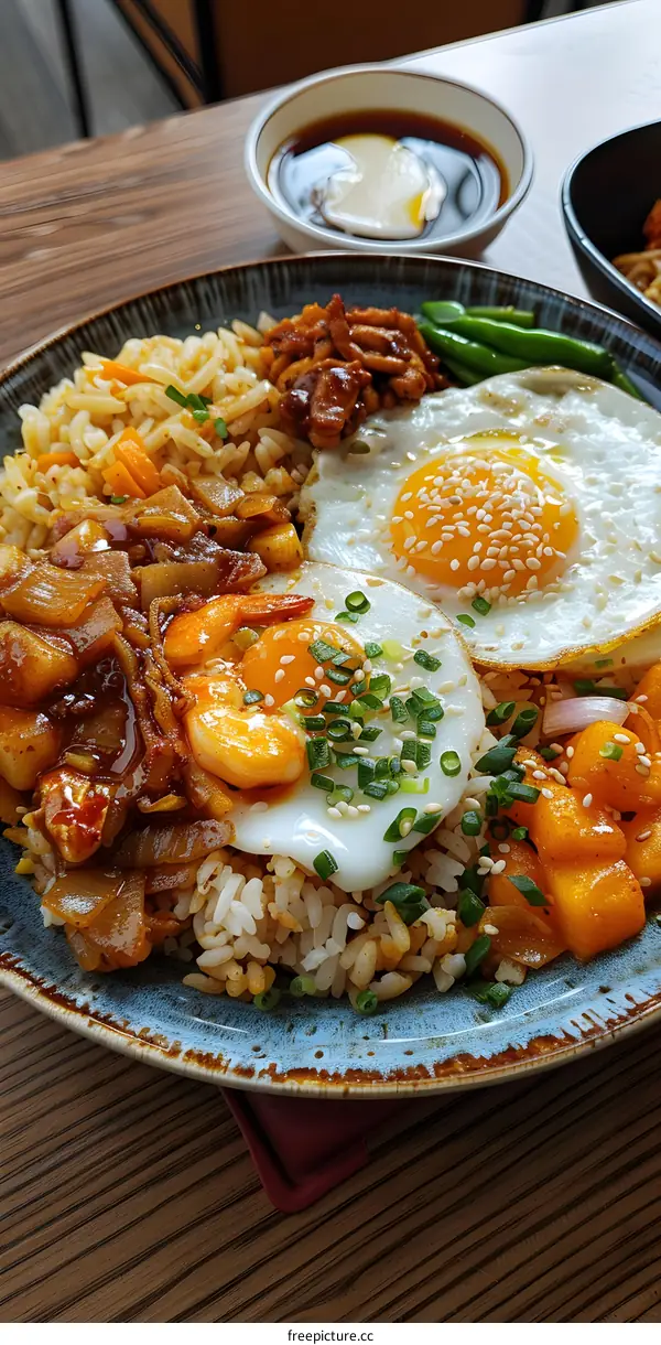 A plate of delicious fried rice with eggs and vegetables