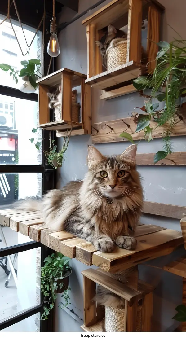 A ginger cat is sitting on a wooden shelf in a cafe.