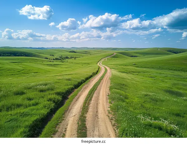 Countryside dirt road through a lush green field
