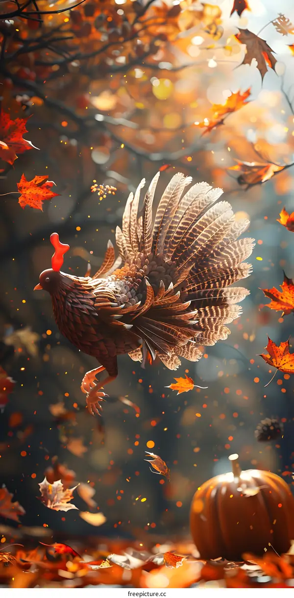 A turkey flies through an autumn forest