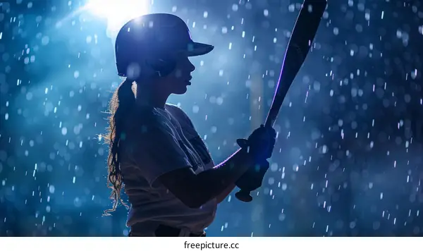 Female baseball batter at night in the rain