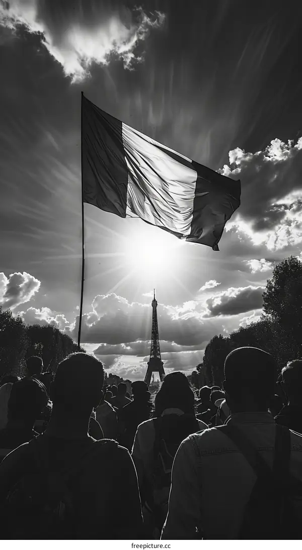 Black and white photo of people holding a French flag in front of the Eiffel Tower