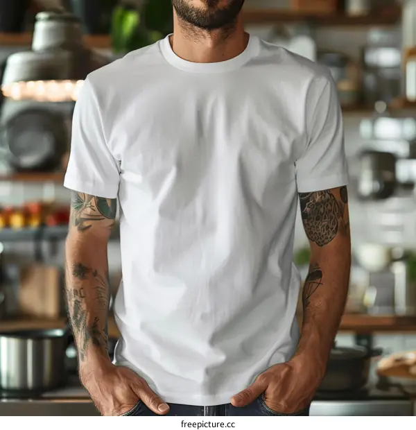 Bearded man in a white T-shirt standing in the kitchen