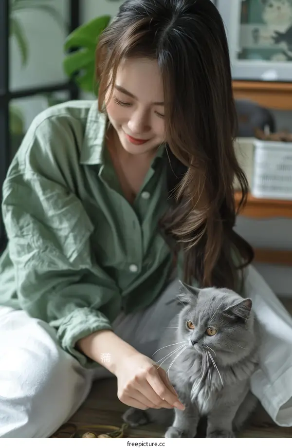 A young woman is sitting on the floor and playing with a gray cat