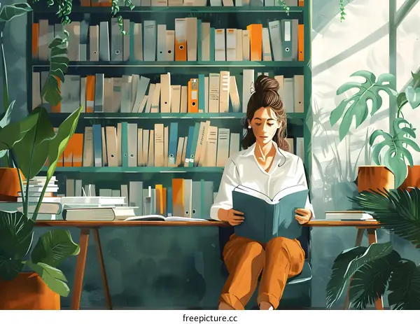 A thoughtful woman is reading a book in the library.