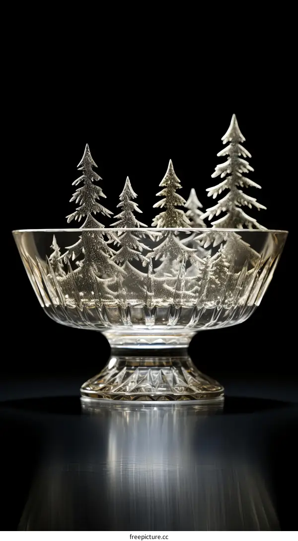 Crystal bowl with etched pine trees