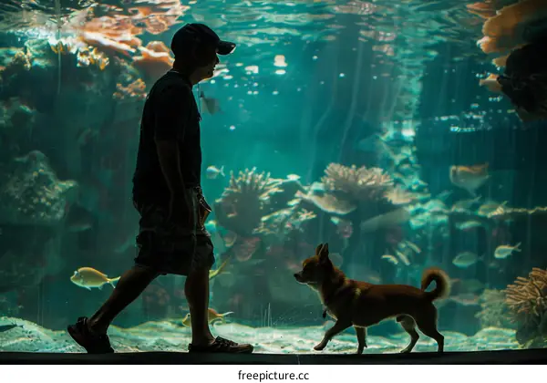 A man and his small dog walk past a large aquarium