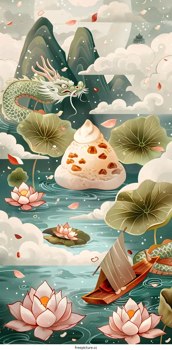 Dragon Boat Festival illustration with dragon boat and rice dumplings