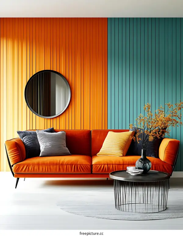Modern Living Room Interior Design with Orange and Teal Accent