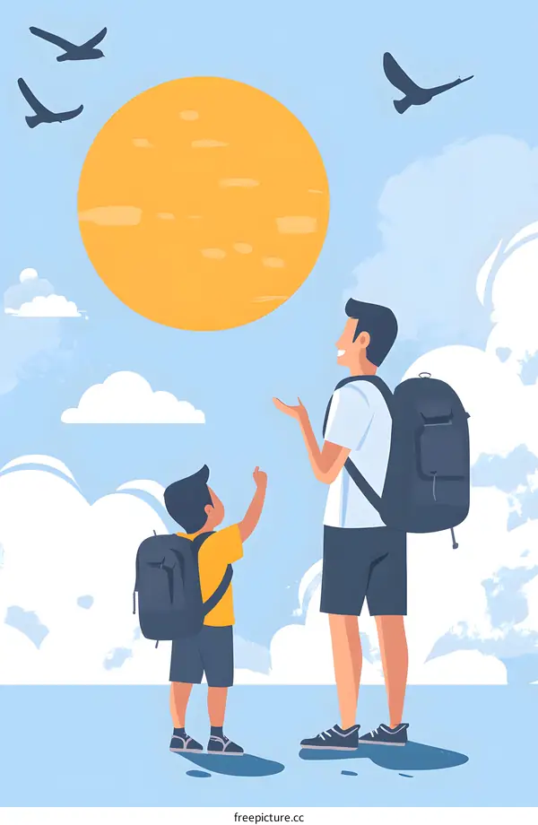 Father and Son Looking at the Sun in the Sky