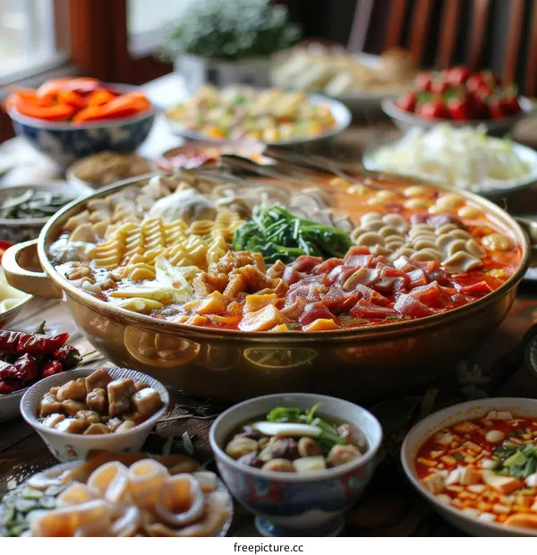A large pot of food surrounded by many bowls of food