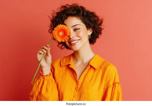 Smiling Woman Holding Flower Near Eye Fashion Portrait
