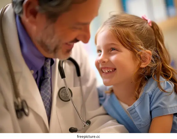 Pediatrician examining a smiling young girl