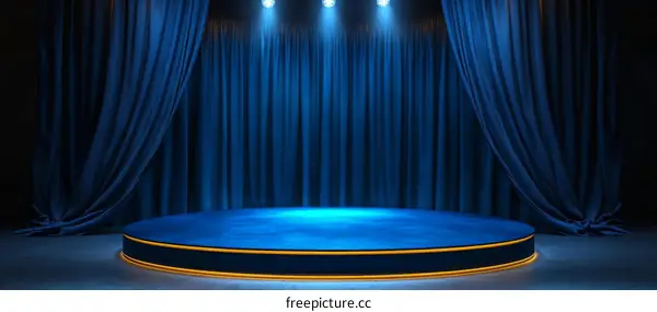 Empty Stage with Blue Velvet Curtains and Spotlight