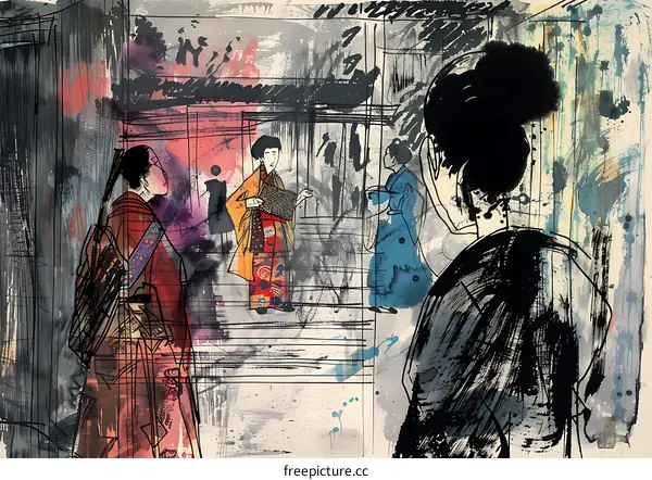 Abstract Watercolor Illustration of Four Asian Women Wearing Traditional Clothing