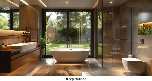 Modern Luxurious Bathroom with Garden View