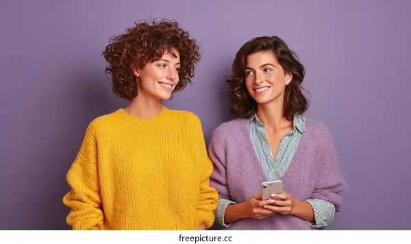 Two Women Smiling and Using Smartphones