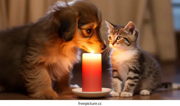 A puppy and a kitten sniffing a candle together