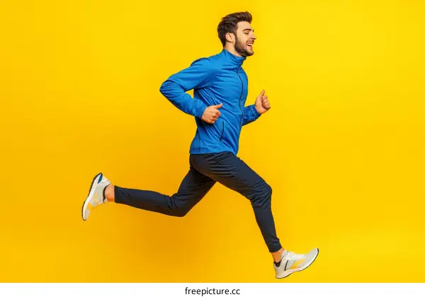 Man Running in Sporty Outfit against Yellow Background