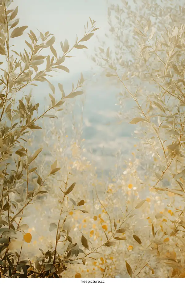 Closeup of Branches with Delicate Leaves and a Soft Blurry Background
