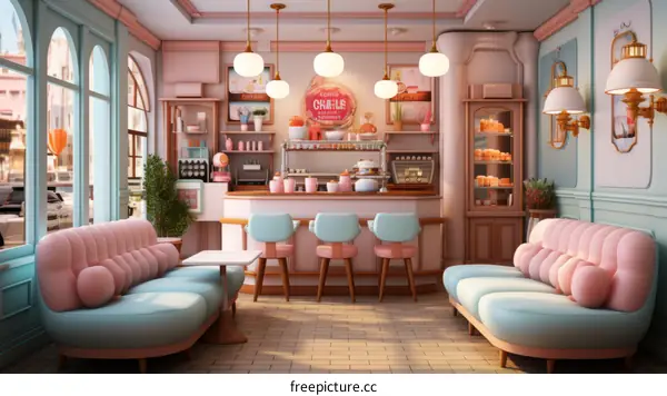 An illustration of a pink and blue retro diner with pink banquettes and blue chairs