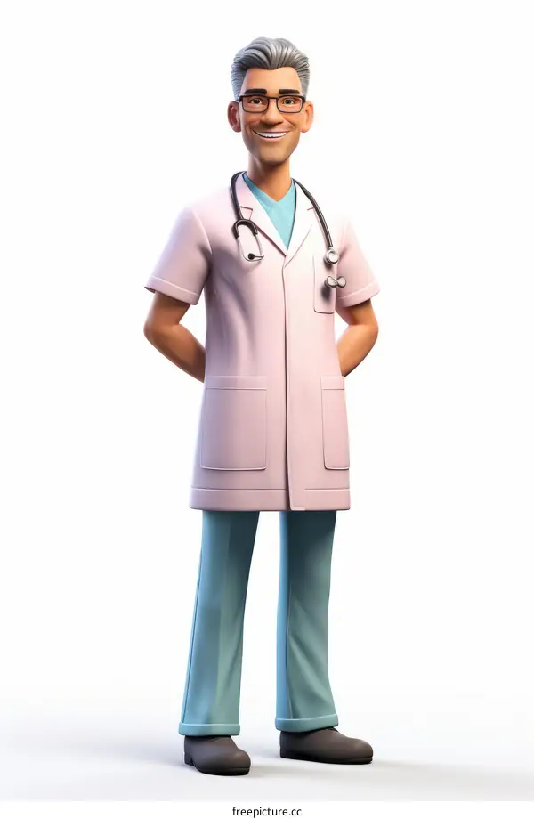 A cartoon doctor in a pink lab coat and blue scrubs