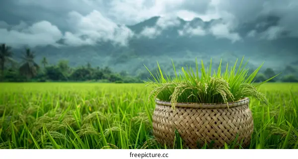 Panoramic view of rice fields filled with ripe rice on a sunny day
