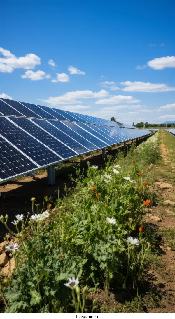 A large solar farm in a field of flowers