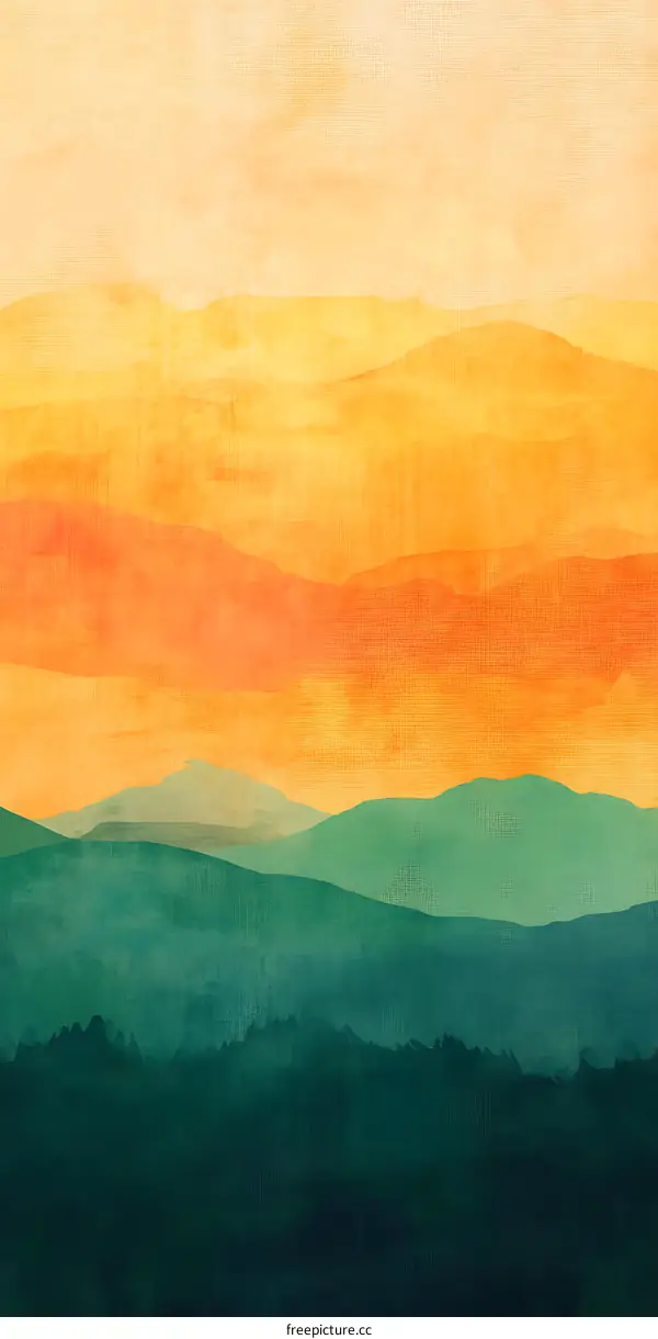 Abstract Watercolor Landscape with Orange and Green Color Scheme