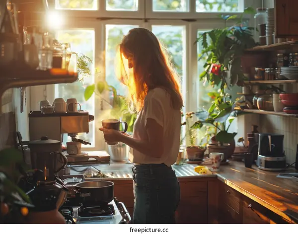 Young woman making coffee in the kitchen