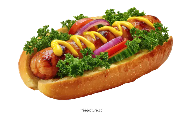 [Transparent Background PNG]Delicious Grilled Hot Dog with Mustard and Vegetables