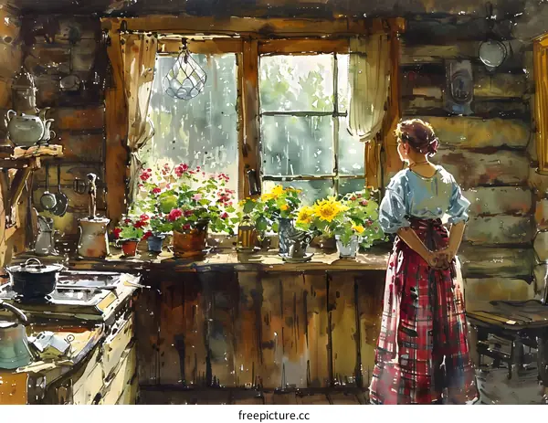 A woman standing in a kitchen looking out the window