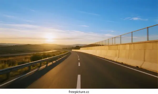 Sunlit highway with clear blue sky and distant landscape