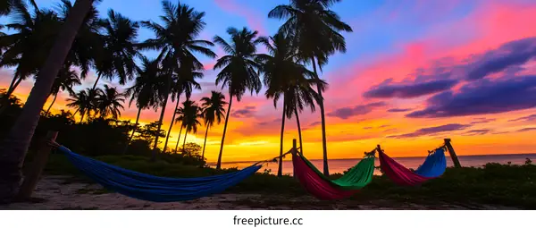 Colorful Sunset with Palm Trees and Hammocks on the Beach
