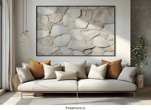 Modern Living Room with Stone Wall Artwork