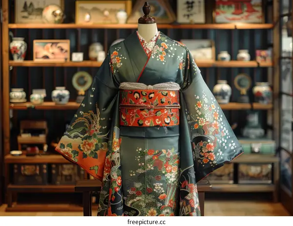 A kimono with a floral pattern displayed on a mannequin
