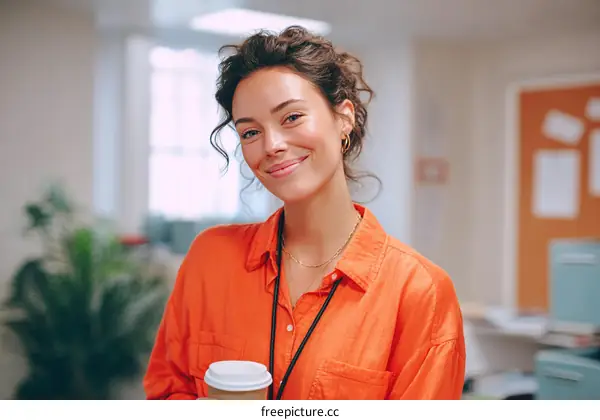 Smiling Woman with Coffee in Office Environment